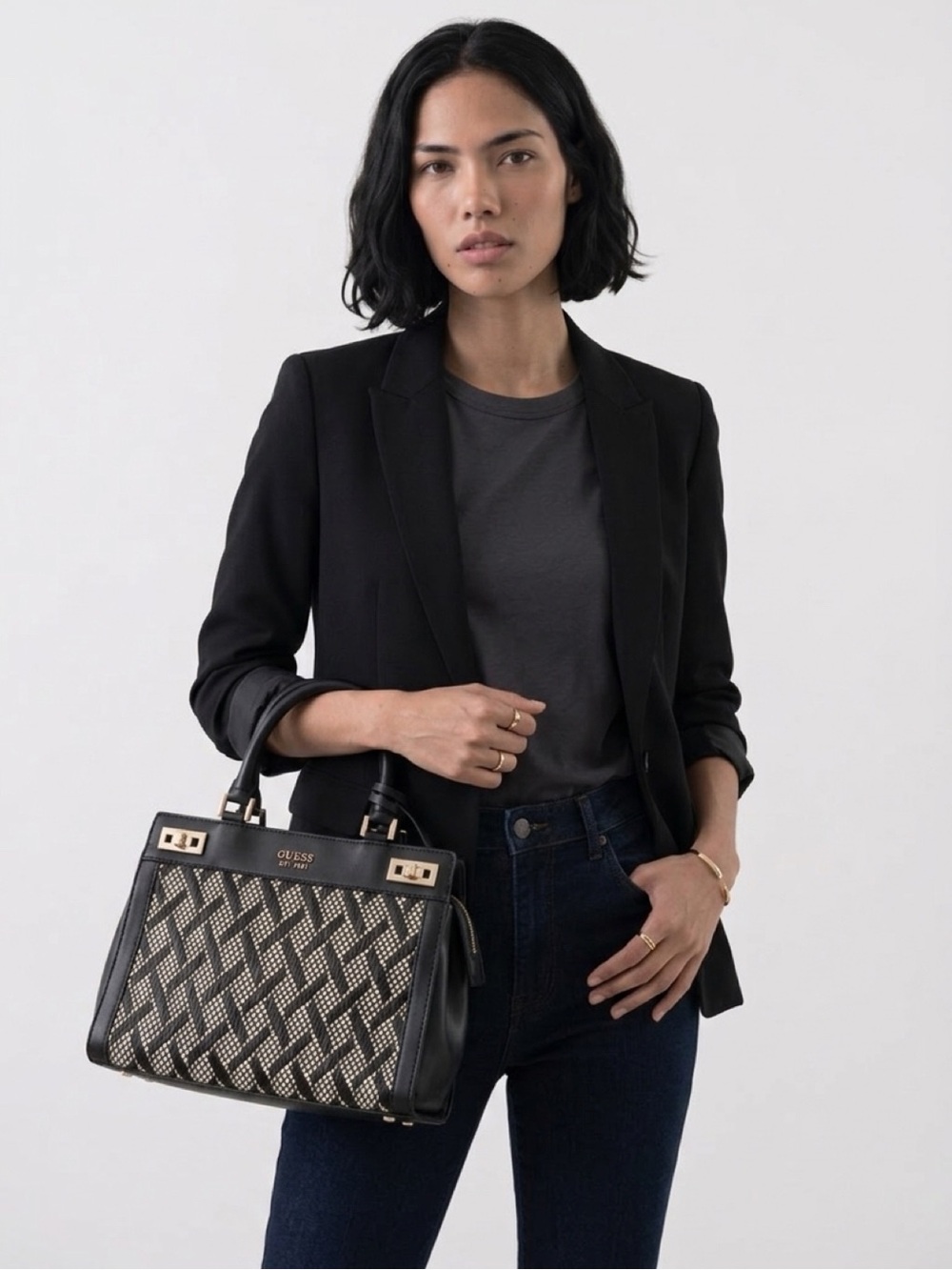 GUESS Black & White Geometric Woven Satchel